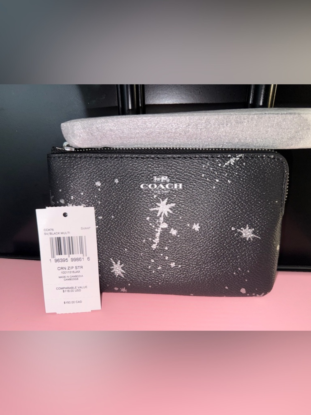 COACH Black and White Star-Print Pebbled Leather Wristlet